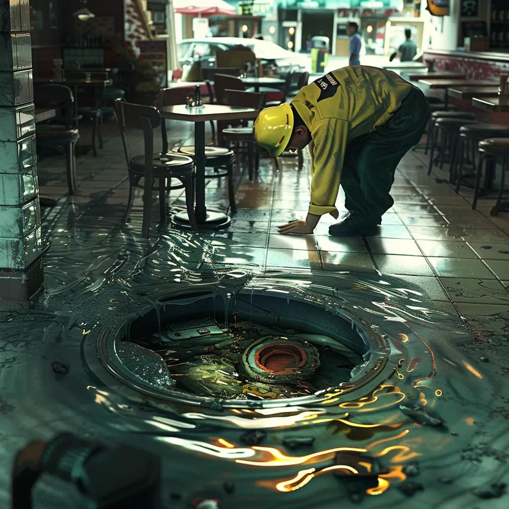Worker in yellow uniform inspecting a flooded restaurant floor near a clogged drain, highlighting the need for emergency commercial drain cleaning and maintenance services.