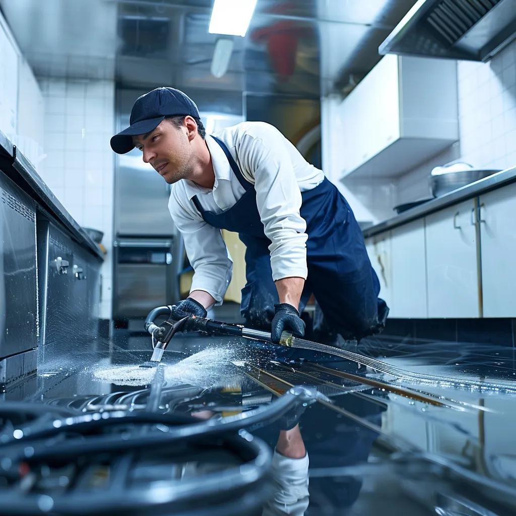Plumber using a pressure washer to clean a commercial kitchen floor, emphasizing drain maintenance and plumbing service efficiency.