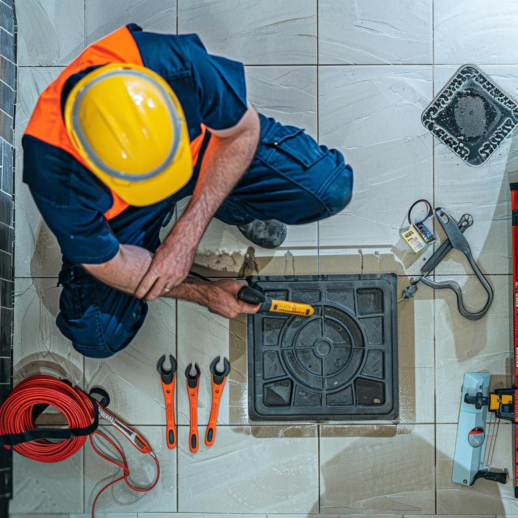 Worker in safety gear using a tool on a drain cover, surrounded by plumbing tools and equipment, emphasizing commercial drain cleaning and maintenance services.