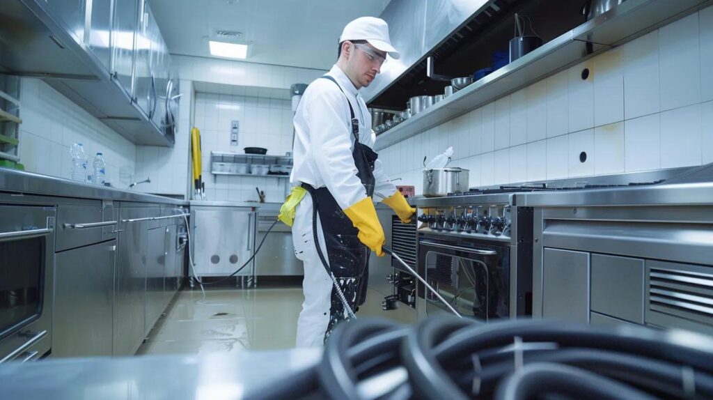 Professional worker in a commercial kitchen using a drain cleaning tool, surrounded by stainless steel appliances and water on the floor, emphasizing the importance of maintenance for uninterrupted operations.