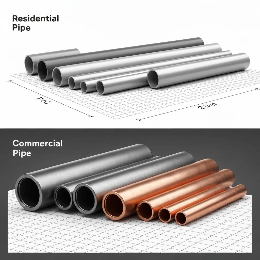 A visual comparison of residential and commercial plumbing pipe sizes and materials, highlighting their key differences.