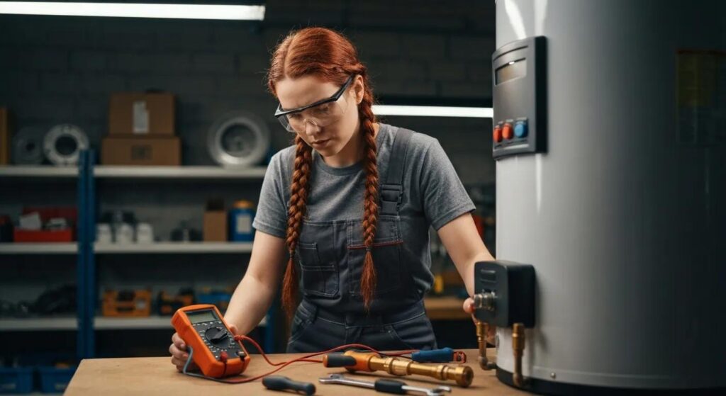 Woman inspecting water heater with multimeter, emphasizing preventative maintenance for commercial plumbing efficiency.