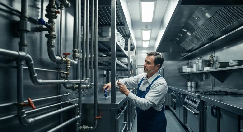 Man inspecting plumbing system in commercial kitchen, emphasizing preventative maintenance for Oklahoma City businesses.