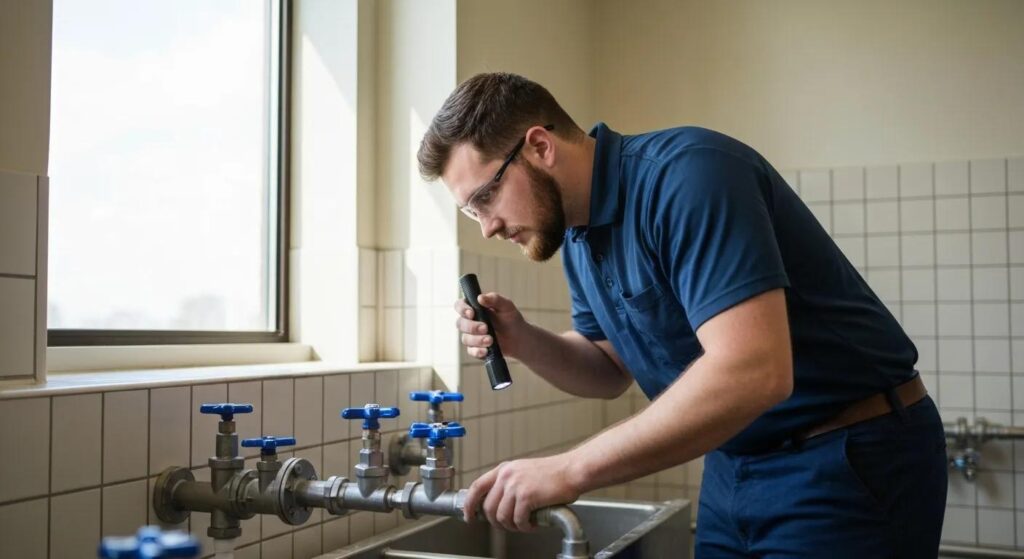Plumber inspecting commercial plumbing system with tools in Oklahoma City business setting.