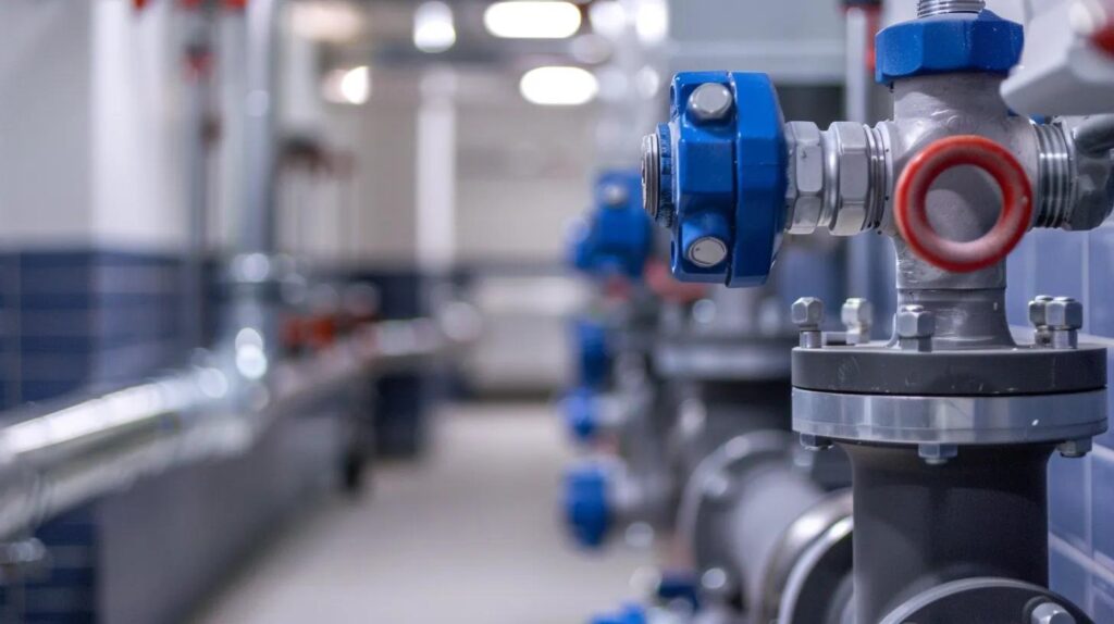 Industrial plumbing system with valves and piping, illustrating maintenance needs for commercial facilities in Oklahoma City.