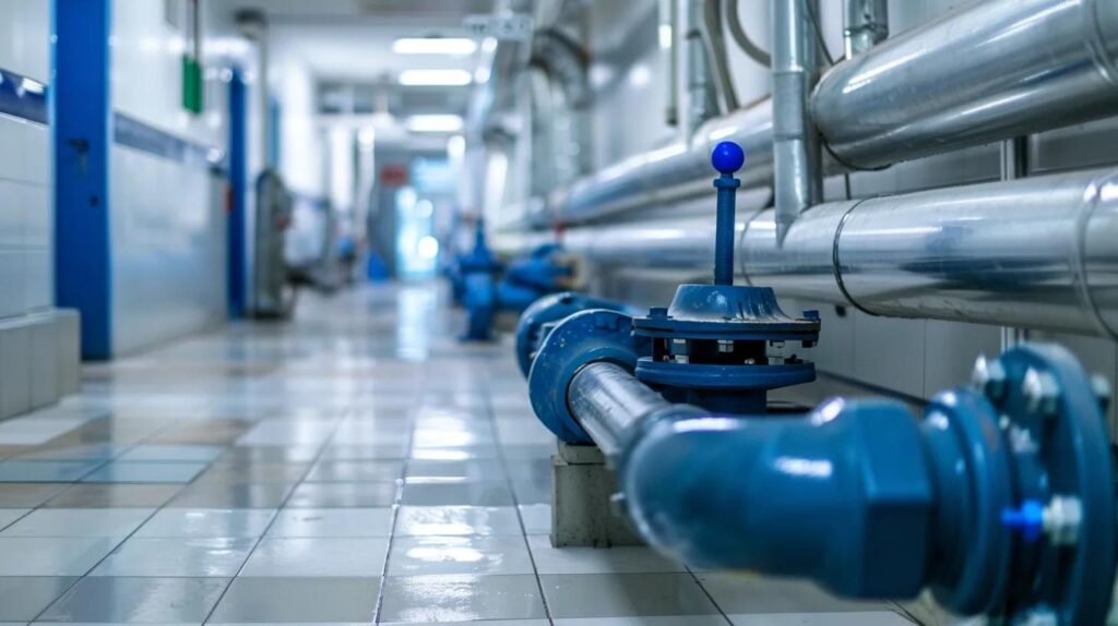 Commercial plumbing infrastructure featuring blue pipes and valves in a clean, well-maintained corridor, emphasizing the importance of regular maintenance for operational efficiency.