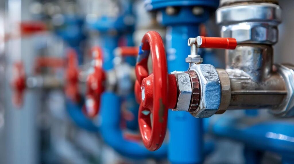 Red valve handles on industrial plumbing pipes, showcasing maintenance and inspection needs for commercial facilities in Oklahoma City.