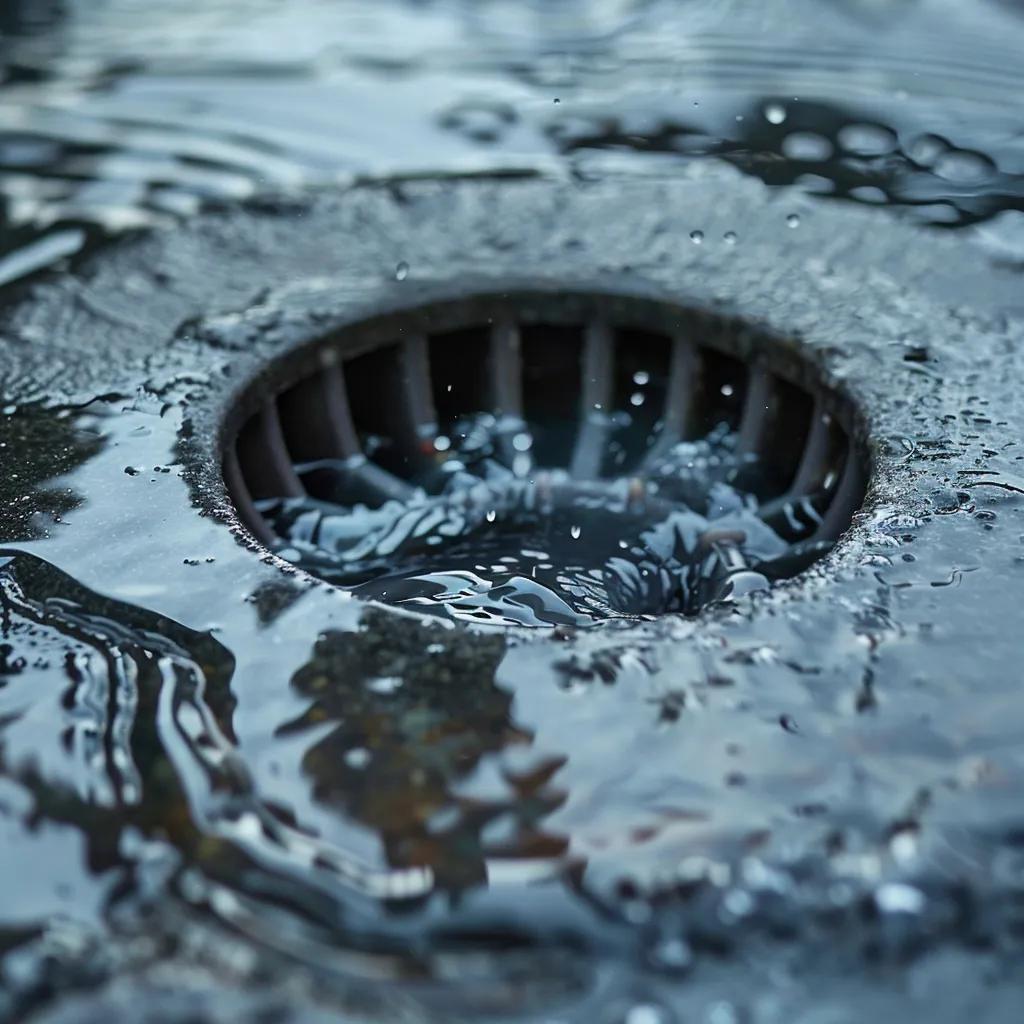 Close-up of a commercial drain with standing water and ripples, highlighting potential blockage issues related to plumbing problems in Oklahoma City.