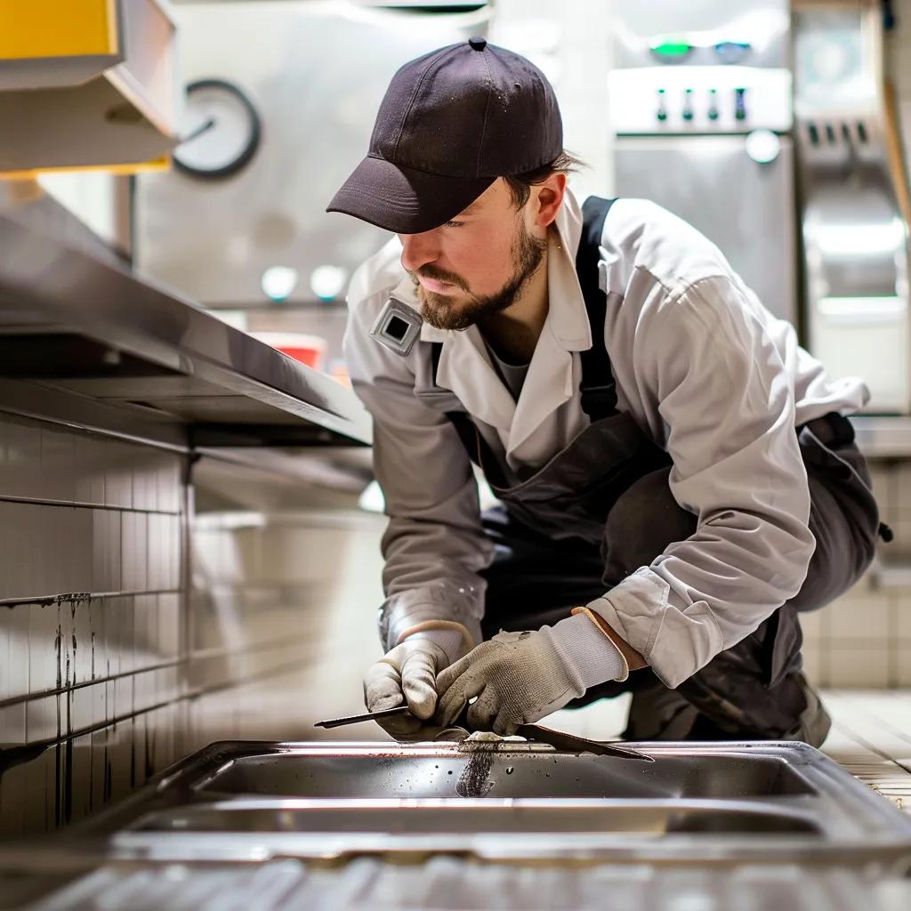 Plumber inspecting and cleaning a commercial kitchen sink, emphasizing preventative maintenance for plumbing systems.