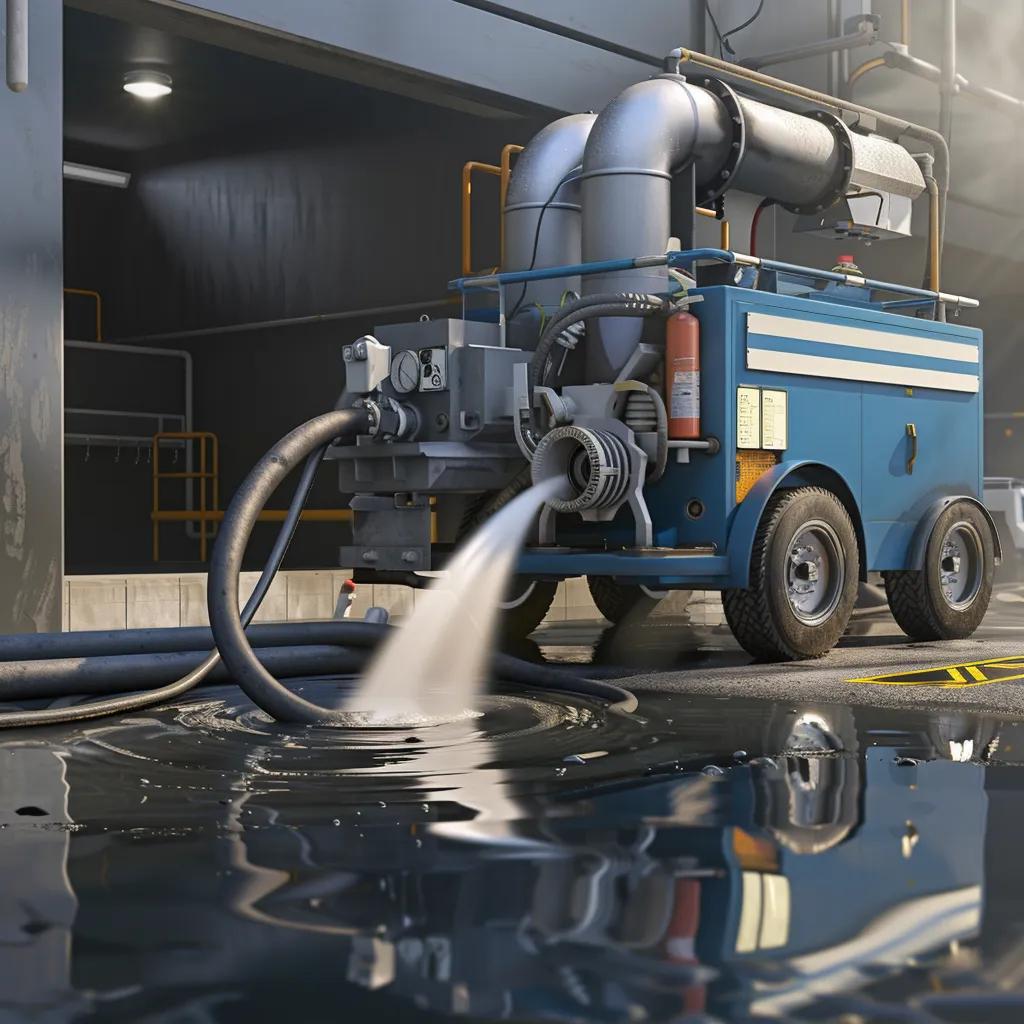 Hydro jetting machine in a commercial setting, propelling high-pressure water to clear drain blockages, with water flowing into a puddle on the floor.