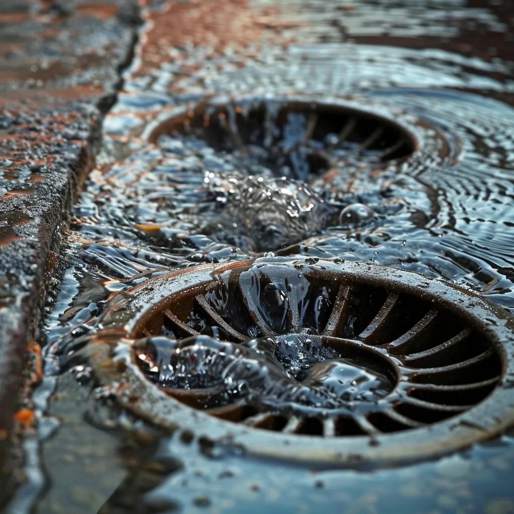 Water pooling around drainage grates with splashes, indicating potential commercial drain blockage issues relevant to plumbing services in Oklahoma City.