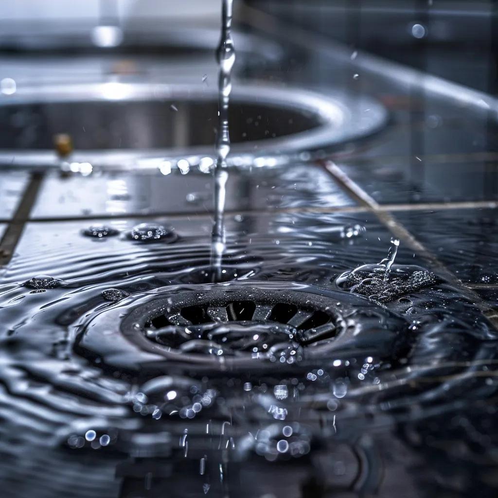 Water dripping into a commercial floor drain with ripples forming around the drain, highlighting potential plumbing issues related to slow drainage and blockages.