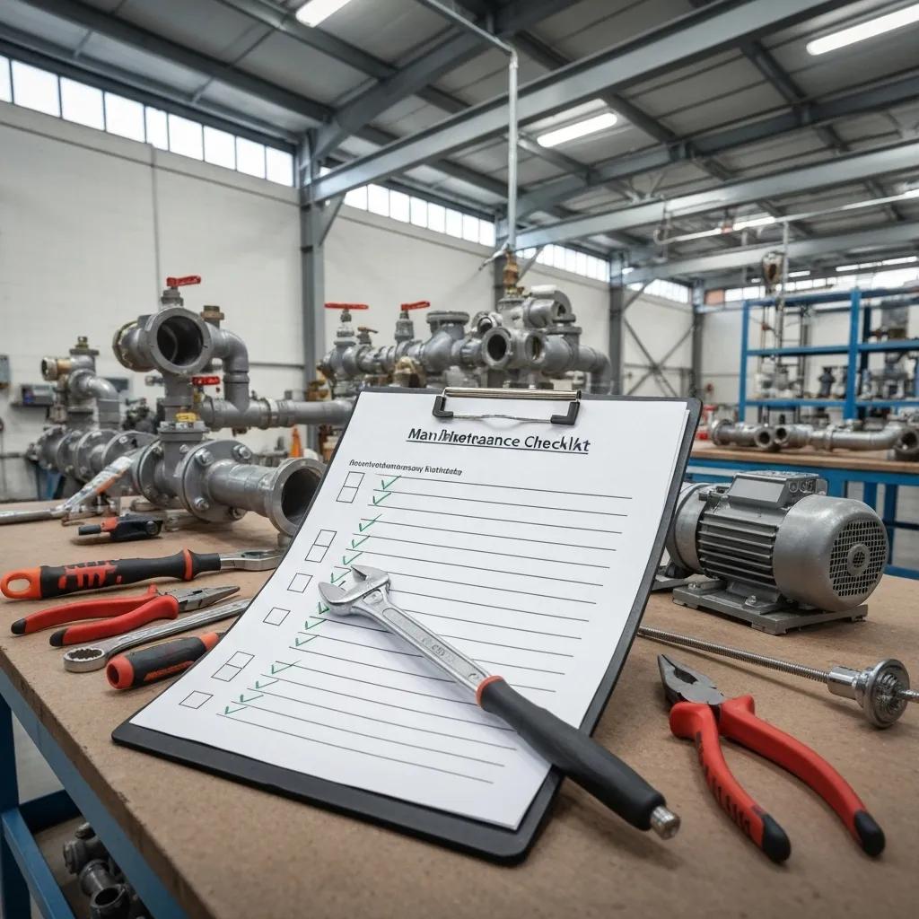 A commercial plumbing maintenance checklist featuring tools and plumbing components, illustrating essential upkeep tasks.