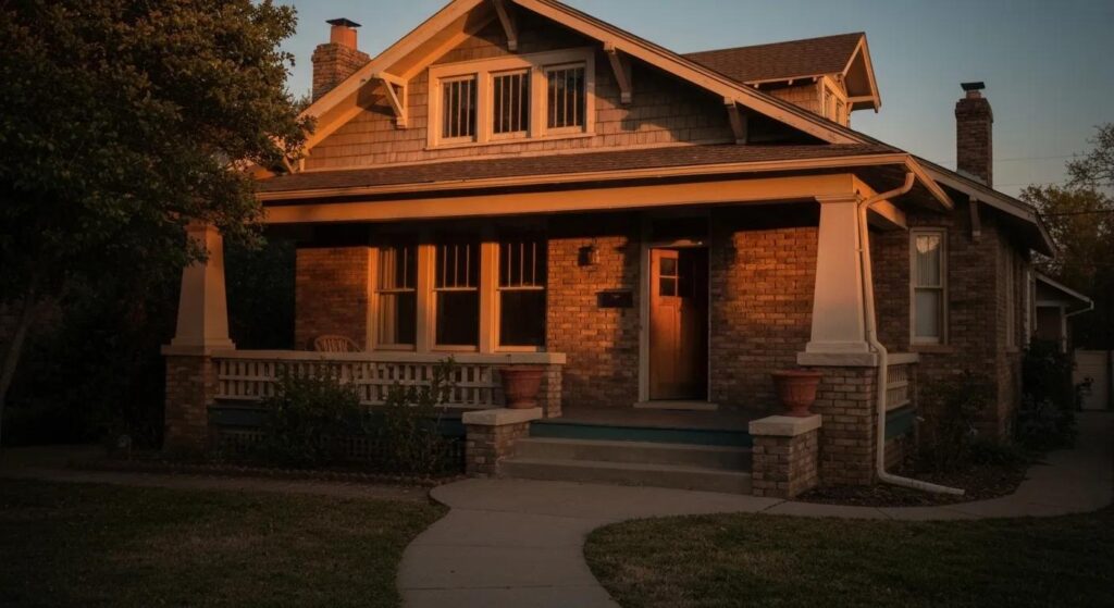 Residential building with a porch, brick exterior, and landscaped yard, representing the importance of maintaining plumbing systems for homes and businesses in Oklahoma City.