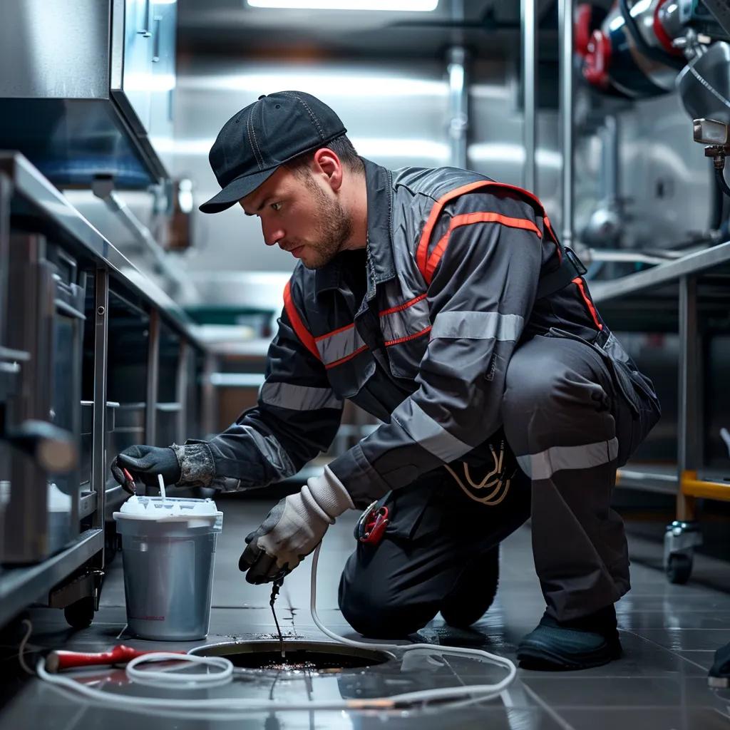Plumber inspecting clogged drain in commercial kitchen, utilizing tools and equipment for effective sewer service.