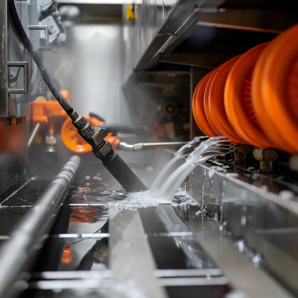 High-pressure hydro jetting equipment in action, clearing grease and sludge from commercial drain lines, with water spraying and orange hoses visible.