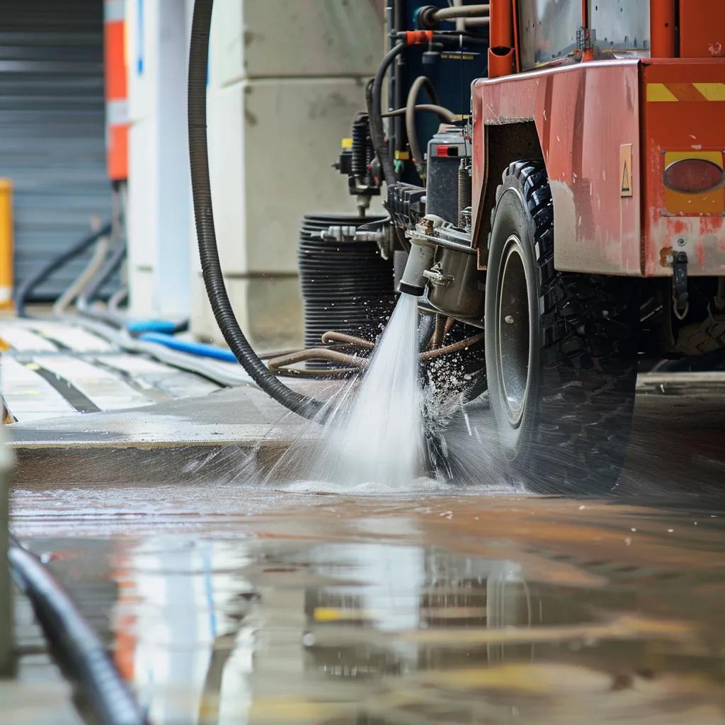 High-pressure water jetting from commercial plumbing truck clearing drainage, showcasing advanced technology for efficient clog removal in Oklahoma City.