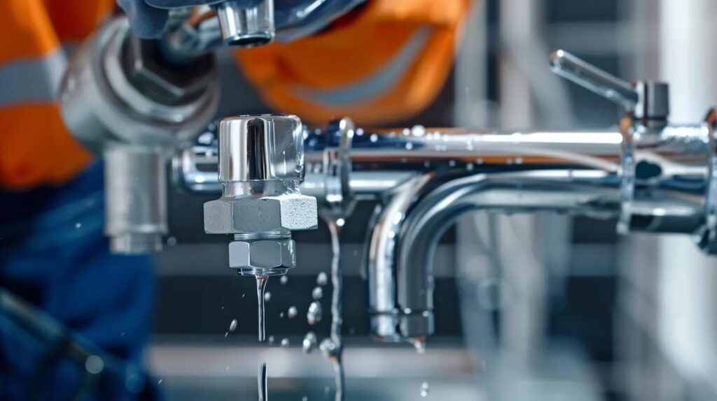 Close-up of a plumber repairing a commercial faucet with water dripping, showcasing the importance of routine plumbing maintenance for businesses.