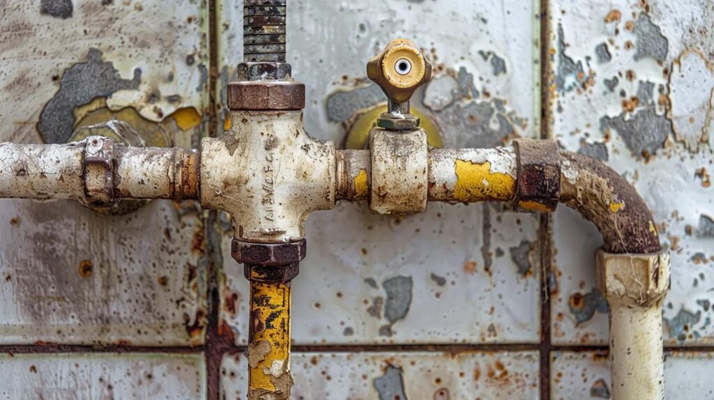 Old, rusty commercial plumbing pipes with visible wear and tear, highlighting the importance of regular maintenance for preventing leaks and system failures in Oklahoma City facilities.