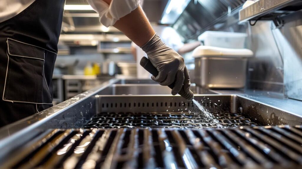 Chef cleaning grease trap in commercial kitchen, emphasizing FOG management for compliance with permits in Oklahoma City.