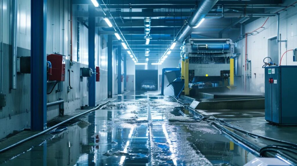 Industrial wastewater treatment facility with wet floor, plumbing equipment, and grease management systems, relevant to FOG permit compliance for businesses in Oklahoma City.