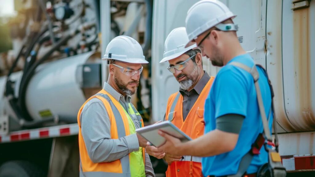 Three construction workers in safety gear, including hard hats and reflective vests, reviewing plans on a tablet near a commercial vehicle, emphasizing compliance with plumbing regulations in Oklahoma City.