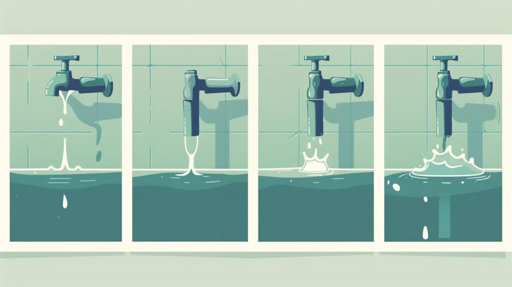 Illustration of a faucet with water dripping, filling a basin, and creating splashes, depicting common plumbing issues in commercial settings.