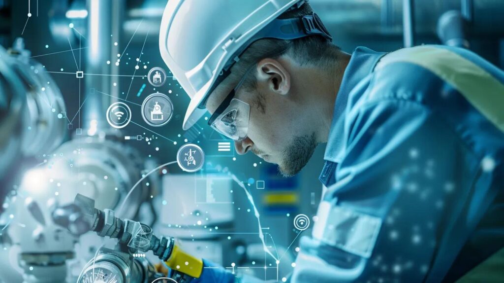 Engineer in a hard hat and safety glasses inspecting plumbing equipment with digital interface elements, representing advanced commercial plumbing services and technology.