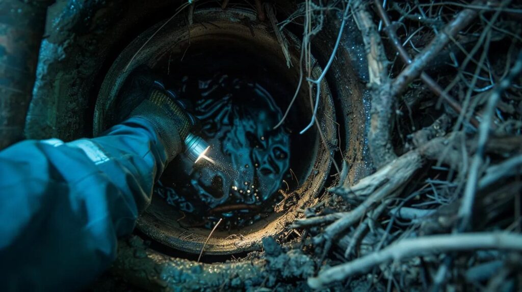 Hand with flashlight inspecting a sewer line surrounded by roots and debris, highlighting the importance of sewer line maintenance and repair for commercial plumbing services.
