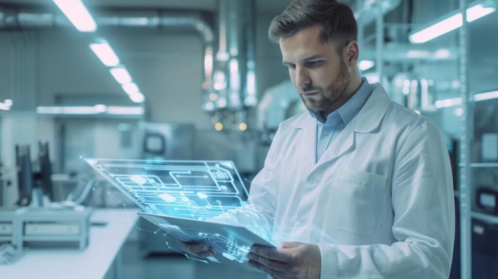 Man in a lab coat analyzing digital data on a tablet in a commercial plumbing facility, emphasizing technology in plumbing services.