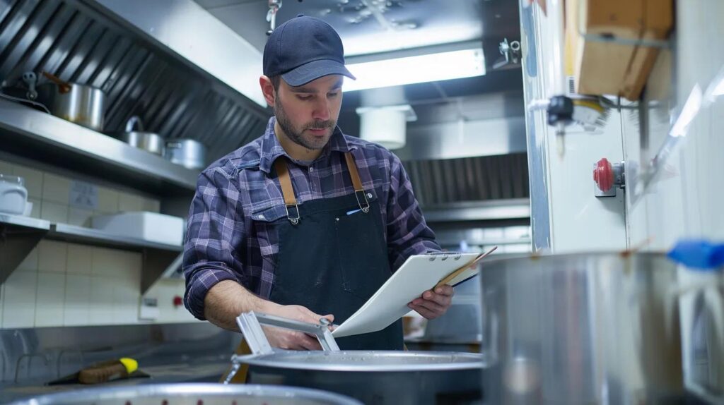 Kitchen staff member inspecting equipment with clipboard in commercial kitchen setting, emphasizing the importance of maintenance for plumbing systems in restaurants and hotels.