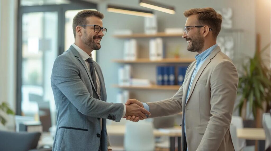 Two business professionals shaking hands in an office setting, symbolizing trust and partnership in commercial plumbing services in Oklahoma City.