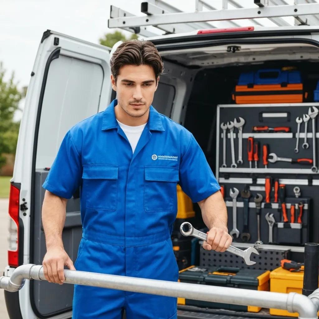 Man in blue work uniform holding a pipe and wrench, standing beside a service van filled with plumbing tools, representing emergency commercial plumbing services in Oklahoma City.