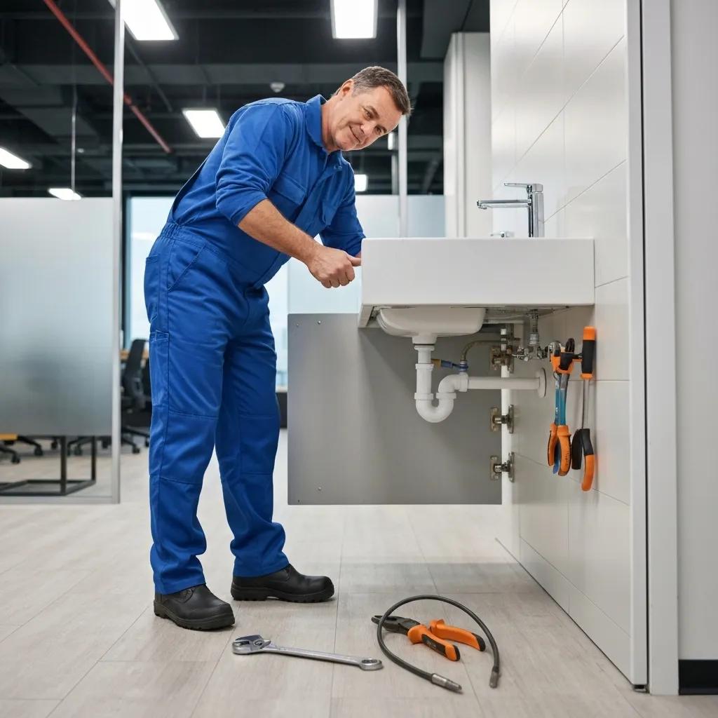 Commercial plumber in blue overalls working under a sink in an office setting, with plumbing tools and equipment visible on the floor, illustrating professional plumbing services in Oklahoma City.