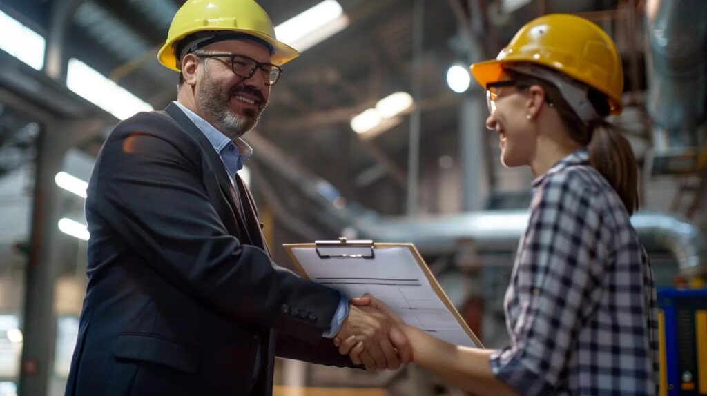Business professionals shaking hands in a commercial plumbing environment, wearing safety helmets, discussing project details with a clipboard.
