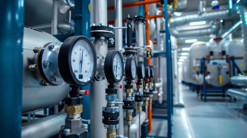 Industrial plumbing system featuring pressure gauges and pipes in a commercial water facility, emphasizing maintenance and quality control for water heaters and boilers.