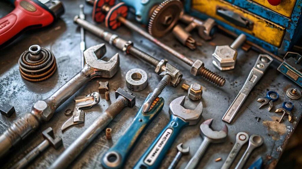 Collection of plumbing tools including wrenches, bolts, and fittings on a workbench, emphasizing commercial plumbing services and maintenance.