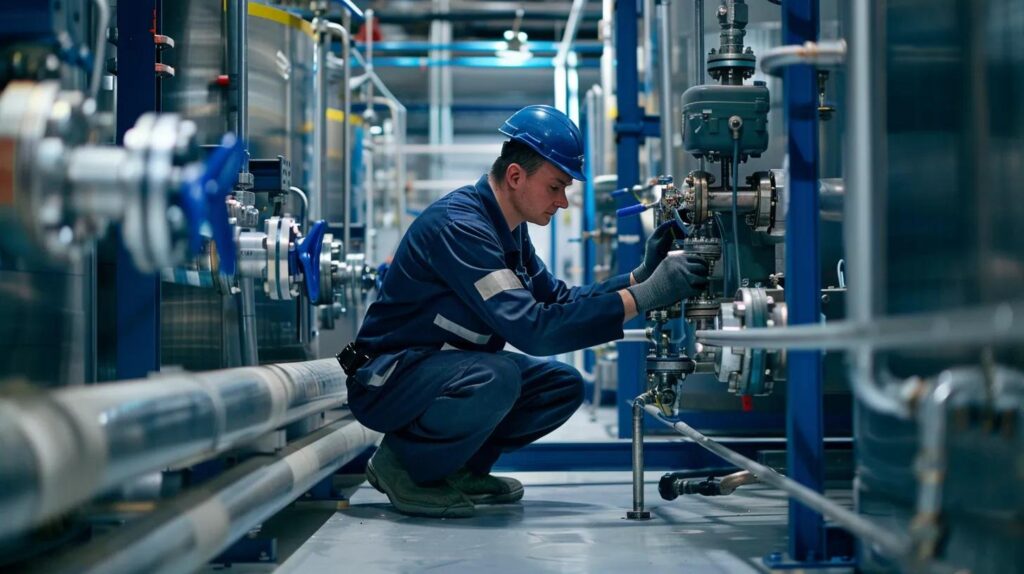Plumber in blue uniform and hard hat working on industrial piping system in Oklahoma City plumbing facility.