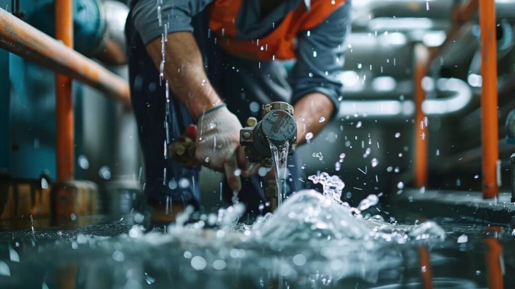 Plumber repairing a water pipe in a commercial setting, with water splashing and flowing, emphasizing urgent plumbing maintenance.
