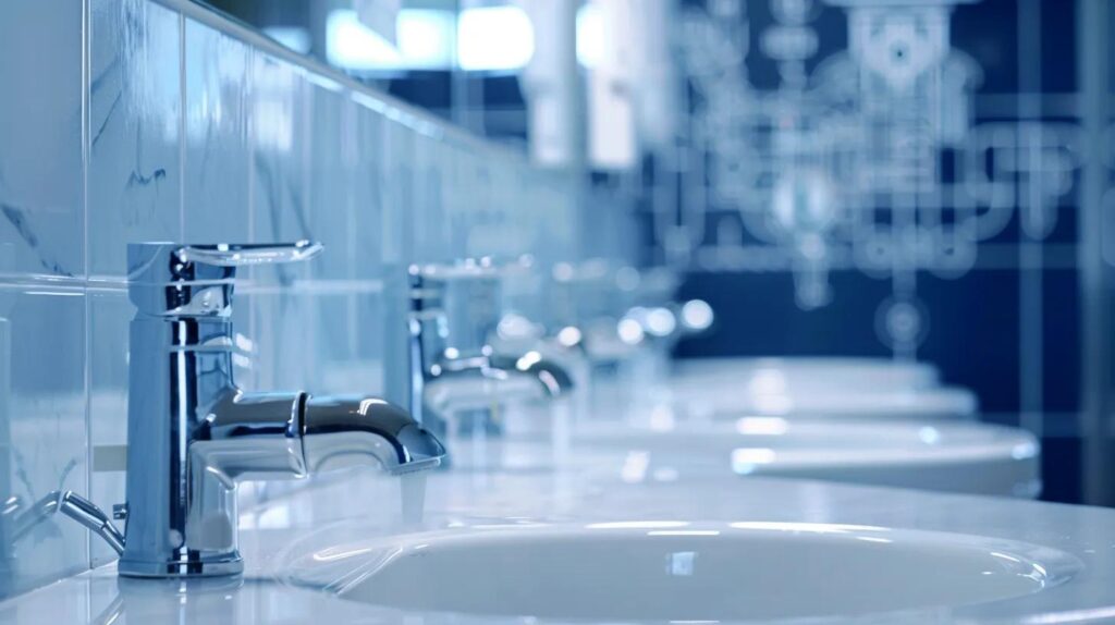 Commercial bathroom sinks with modern chrome faucets, emphasizing water efficiency and plumbing compliance in a high-traffic setting.