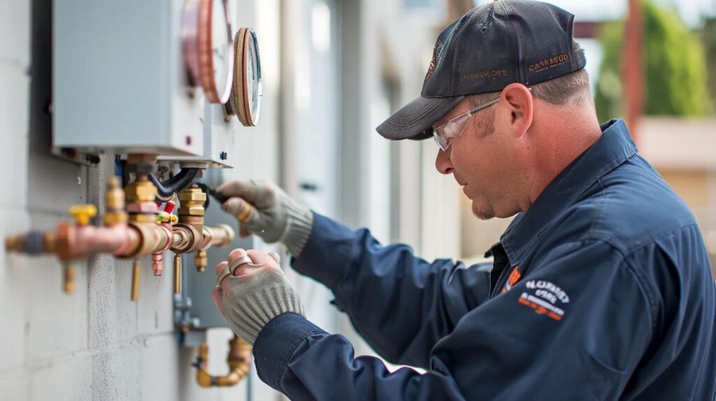 Plumber inspecting commercial plumbing system with gauges and valves, emphasizing routine maintenance and preventative strategies for efficient water management.