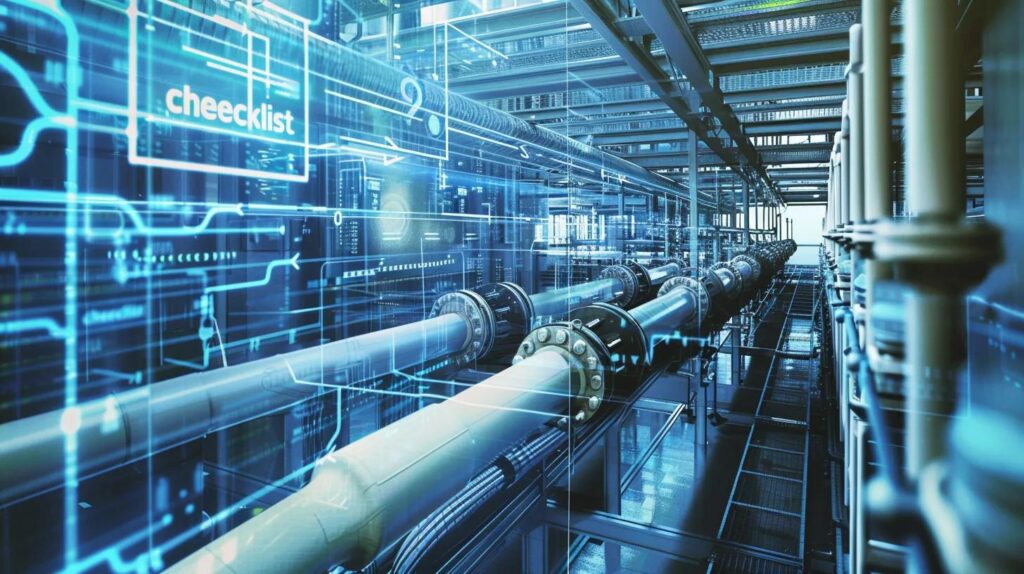 Digital representation of industrial plumbing system with pipes and checklist overlay, emphasizing commercial plumbing maintenance and contractor resources in Oklahoma City.