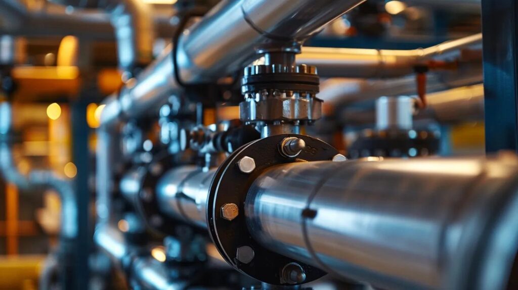 Industrial-grade plumbing system with stainless steel pipes and valves, showcasing commercial plumbing infrastructure essential for high-volume water management in Oklahoma City.