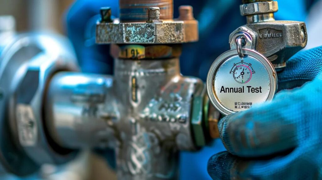 A close-up, focused image of a well-maintained Reduced Pressure Zone (RPZ) backflow prevention assembly with a metal tag showing a recent