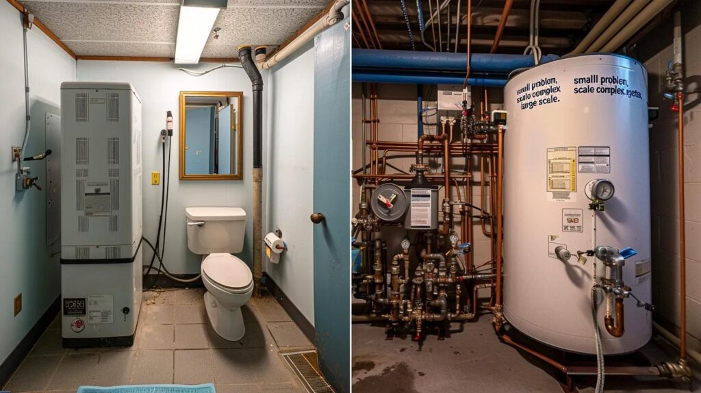 A side-by-side split image. On the left, a small residential bathroom with a clogged toilet. On the right, a massive, industrial-grade commercial water heater and a complex network of large-diameter pipes and valves in a building basement. The image visually contrasts "small problem, small scale" with "complex system, large scale."