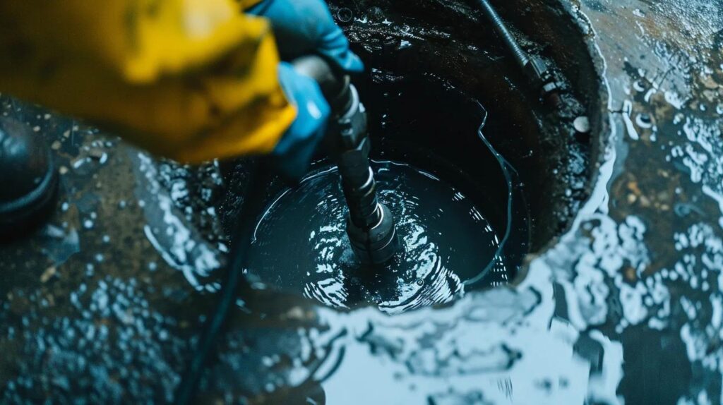 A vivid shot of a high-pressure hydro-jetting nozzle (snake with a specialized head) being inserted into a large, dirty commercial drain cleanout. The surrounding area should be clean and professional. The image highlights advanced technology and preventative maintenance.