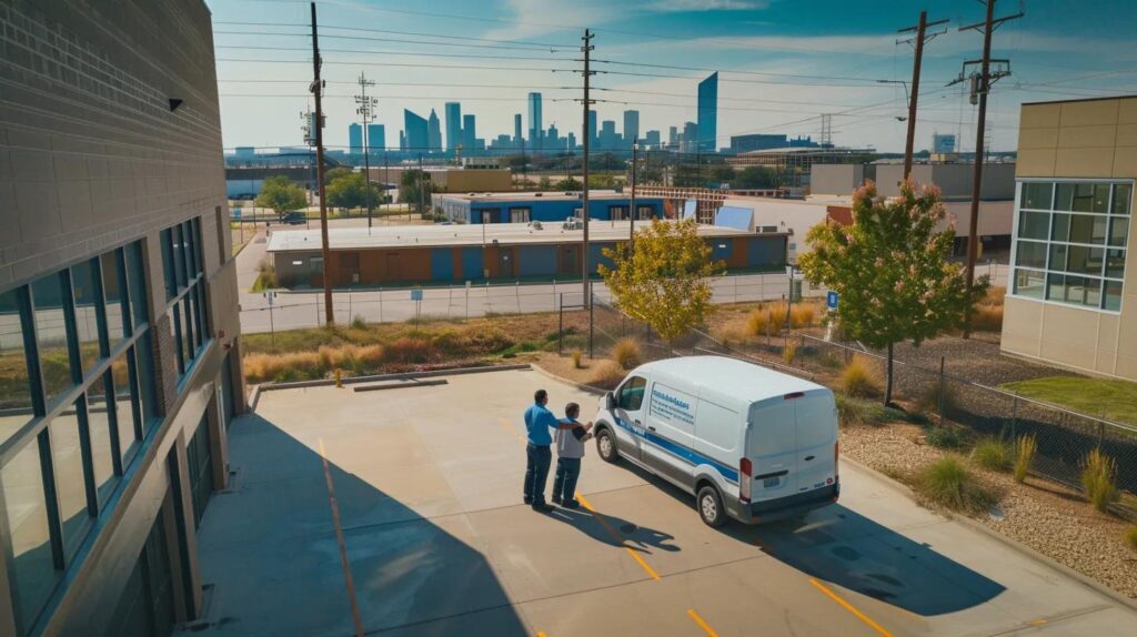 Commercial plumbing service van parked in an urban setting, two individuals discussing maintenance, Oklahoma City skyline in the background.