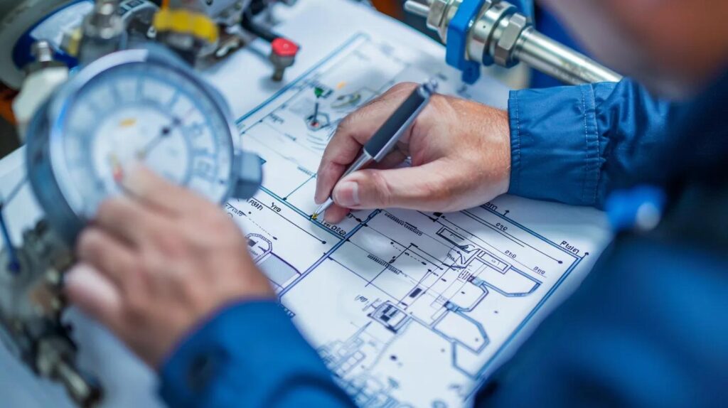 Technician analyzing plumbing system schematics and taking notes, emphasizing the importance of annual inspections for commercial plumbing maintenance.