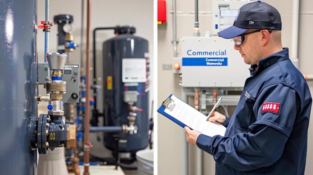 Commercial plumbing technician inspecting equipment and valves in a facility, emphasizing preventative maintenance and compliance with Oklahoma City health codes.