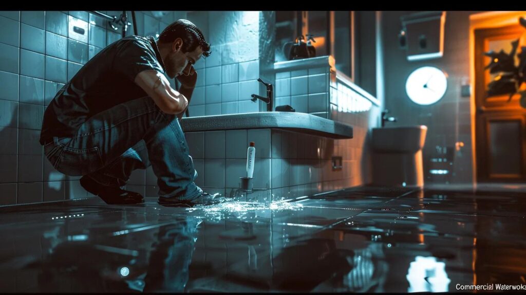 Man sitting on the floor of a flooded bathroom, reflecting the stress of a plumbing emergency, emphasizing the importance of proactive commercial plumbing maintenance.